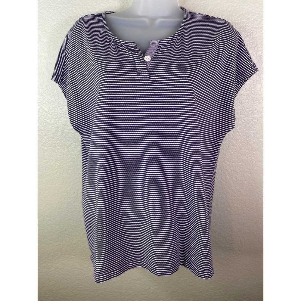 Chicos 2 US Large Henley Top Purple White Striped Short Sleeve Cotton Blend